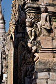 Elaborate figures carved in stucco decorate the ancient stupas, Kakku Buddhist Ruins. Shan State in Myanmar (Burma).